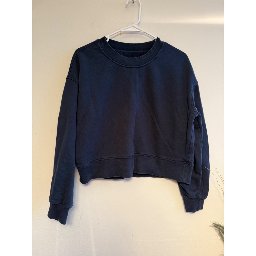 Lululemon‎ Relaxed Cropped Crewneck Sweatshirt Navy Blue Fleece Pullover 3915